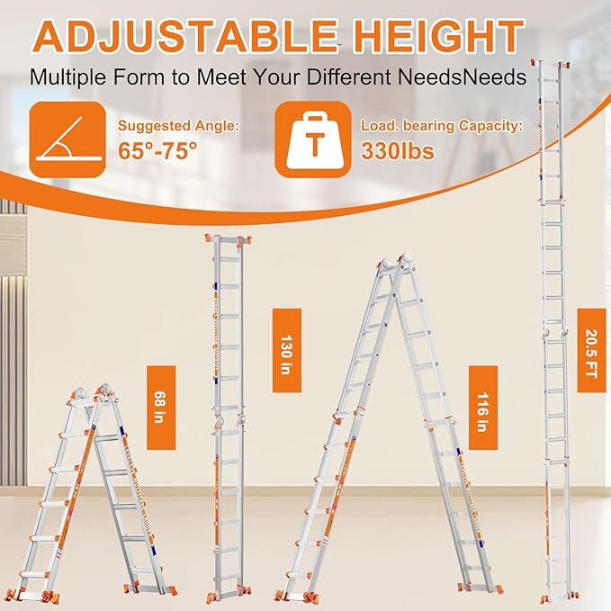 LEVELEVE 22FT Extension Ladder,A Frame 6 Step Ladder with Stabilizer Bar & Wheels,330 lbs Security Load Multi Position Ladder for Stairs Home Indoor Outdoor Roof