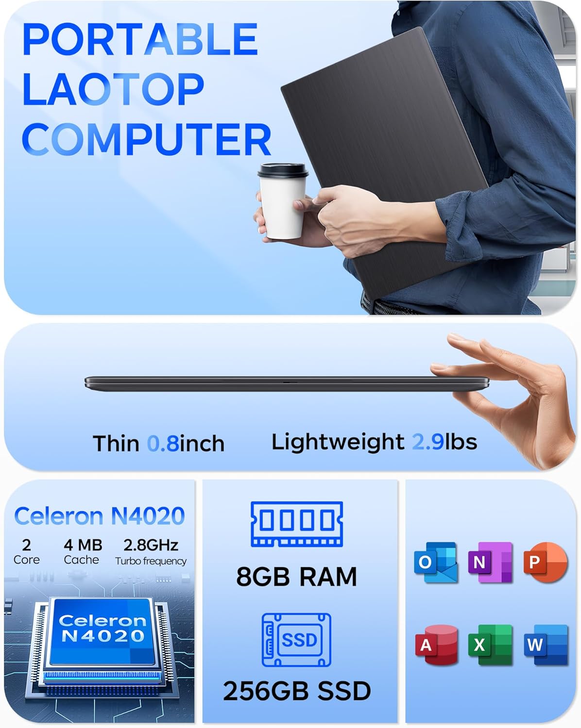 14 Inch Traditional Laptop Computers - 256GB SSD 8GB RAM Celeron CPU, WIFI5 and BT5.0, USB 3.0, TF Card Slot, Slim Lightweight Computer for Business and School (NC14G)