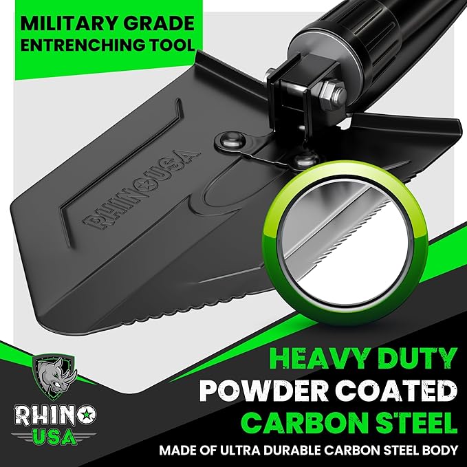 RHINO USA 折りたたみ式サバイバルシャベル（つるはし付き）- オフロード、キャンプ、ガーデニング、ビーチ、土、砂、泥、雪かき用の高耐久炭素鋼ミリタリースタイル塹壕掘りツール。