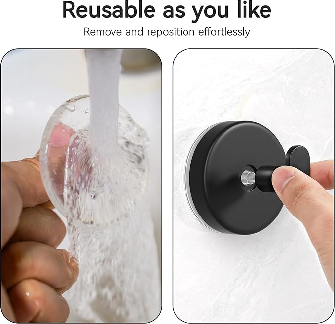 Suction Cup Hooks for Shower, Removable Towel Hooks for Bathroom, Kitchen, Glass Door, Mirror, Tile – Loofah, Towel, Coat, Bath Robe Hook for Hanging, Black 2 Pack