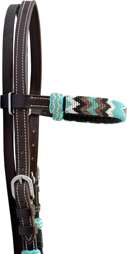 Western Horse Headstall Standard Size – Adjustable Hand Braided Genuine Leather Bridle with Rawhide Knotting, Stitched Accents & Multicolor Beads, Western Riding Tack, Light Brown