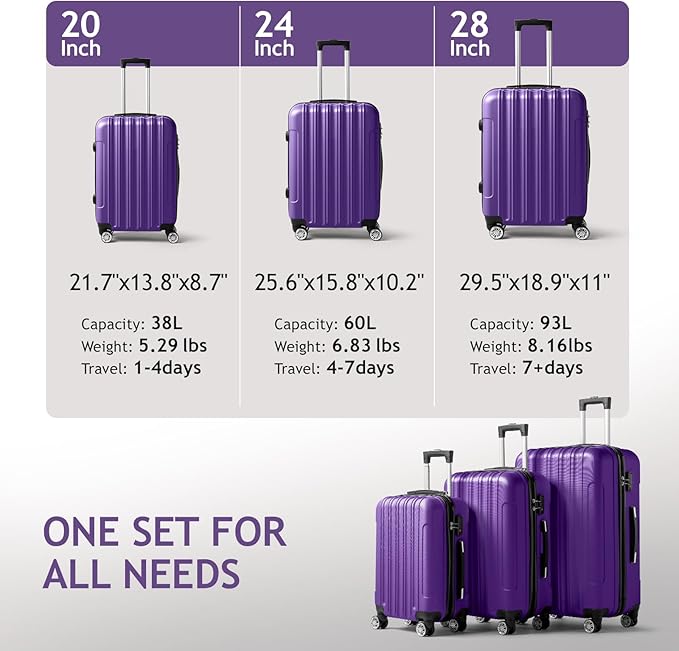 Karl home Luggage Set of 3 Hardside Carry on Suitcase Sets with Spinner Wheels & TSA lock, Portable Lightweight ABS Luggages for Travel, Business - Purple (20/24/28)