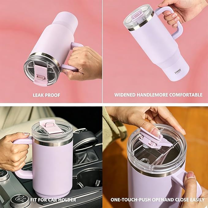 TYESO Vacuum Insulated Tumbler Water Bottle Cold Insulation Stainless Steel Bottle Straw Handle Mug Double Wall Wide Mouth (PURPLR, 40 oz)
