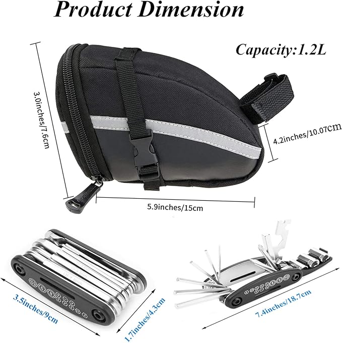 Bike Saddle Bag with Repair Tool Kits, Bicycle Saddle Bag with Repair Set, Bike Bag Under Seat, Bike Seat Bag, Bike Storage Bag with 16-in-1 Multifunction Tool Kits