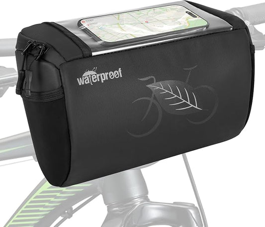 WOTOW Bike Waterproof Handlebar Bag, Bicycle Front Basket Pack with Touch Screen Phone Holder, Reflective Storage Pouch 3L for Men Women Kids Outdoor Road MTB Cycling