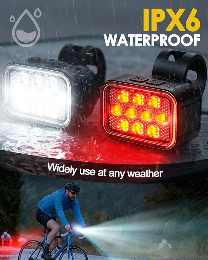 Victoper 10 LED Bike Light, 8+9 Modes USB Rechargeable Bicycle Lite, High Lumens Super Bright Bike Headlight & Taillight Set, Waterproof Safety Bike Front & Rearlight for Road, Night Riding
