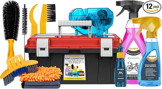 focopot Bike Chain Cleaner Kit with Bicycle Cleaner(25 oz),Degreaser(10 oz),Oil Lubricant(2 oz),Cleaning Brush Tool,Bike Chain Cleaning kit to Clean and Lube Mountain/Road/MT/E Bike