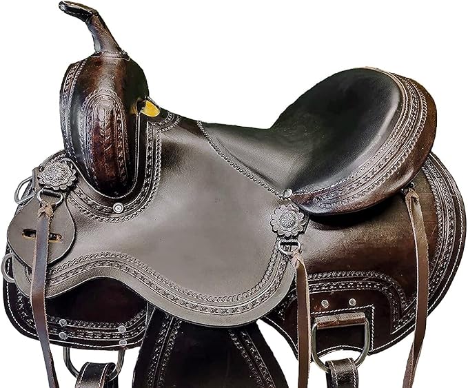 Barrel Brown Western Horse Trail Saddle Set Leather Horse Saddle with Headstall, Breast Collar Combo Rodeo Cowboy Riding Equestrian Comfortable Ride Black Saddle Tack Set