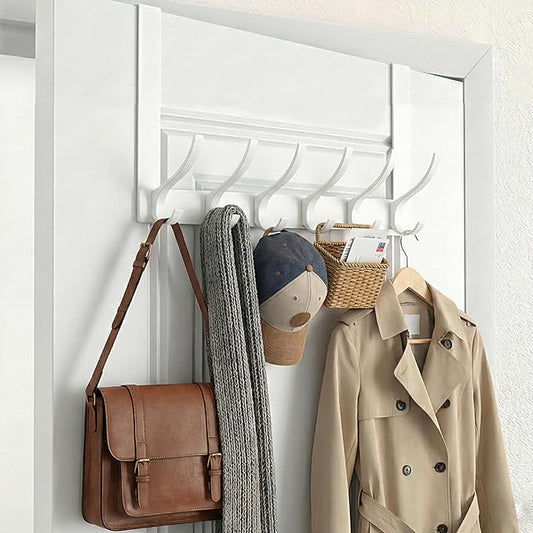 Over The Door Hooks, Sturdy Door Hanger, Large Over The Door Towel Rack with 12 Hooks, Heavy Duty Easy to Install, for Bathroom, Bedroom，Kitchen，Hanging Towels, Coats (White)