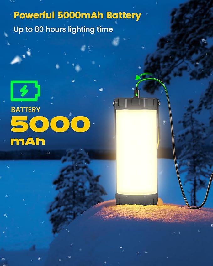 Glocusent 106 LEDキャンプライト、最大80時間点灯、5000mAh充電式キャンプランタン、5段階の明るさ、3つのモードとSOS、IP68防水、最大1200ルーメン、停電、ハイキング、緊急時、ハリケーン用ランタン