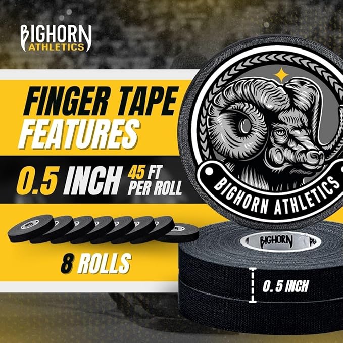 Bighorn Athletics Jiu Jitsu Finger Tape, Rock Climbing Tape | Multipurpose for Sports & Injuries: MMA, Volleyball, Football, Basketball, Tennis, Golf, Hands & Toes, 0.5-Inch x 45-feet, 8-Rolls, Black