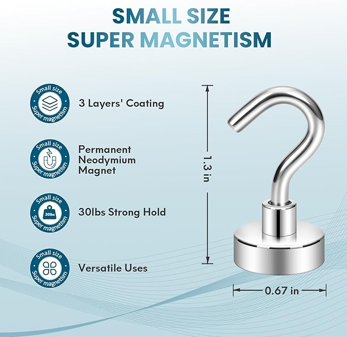 Neosmuk Magnetic Hooks, Heavy Duty 30lb+ Strong Magnet Hook for Cruise Cabins, Cruise Ship Essentials for Hanging, Metal Wall Refrigerator Hangers (Silver White, 10 Pack)