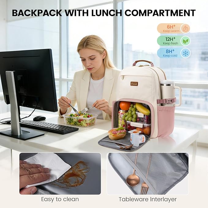 LOVEVOOK Lunch Backpack with Lunch Compartment,15.6 Inch Laptop Work Travel Insulated Cooler Backpack, Waterproof College Teacher Lunch Bag Box with Tumbler Holder,Gifts for Men Women,Beige-Pink-Brown