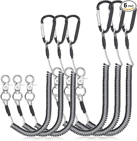 Woanger 6 Pack Fishing Lanyard Steel Wire Coiled Lanyard Tool Lanyards for Hand Tools Kayak Retractable Tool Leash Fishing Rod Safety Lanyards Gear with Alloy Clips for Pliers Boating
