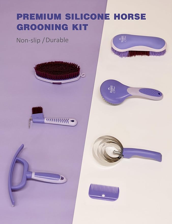 Horse Grooming Kit, 9 Piece Grooming Brush Set with Silicone Curry Comb for Bathing & Shedding Sugar Taro