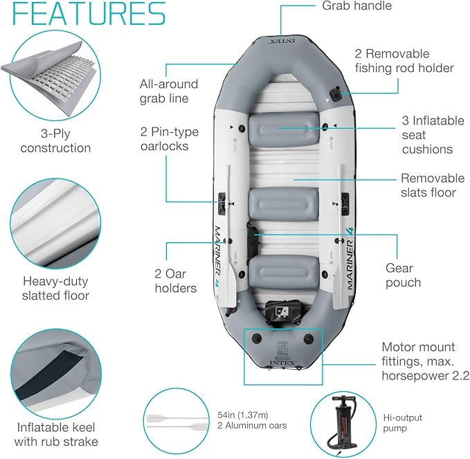 INTEX 68373EP Mariner 3 Inflatable Boat Set: Includes Deluxe 54in Boat Oars and High-Output Pump – Wear-Resistant Keel – Removable Fishing Rod Holders – 3-Person – 880lb Weight Capacity