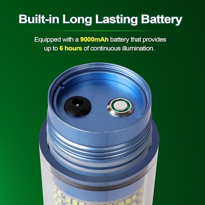 Underwater Fishing Light Battery Powered, Rechargeable LED Fish Green Light Attractants, 9000mAh Capacity, IP68 Waterproof Submersible Fishing Lights for Fresh & Salt Water