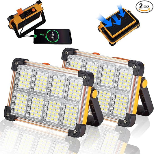 2パック 120W ソーラー充電式ワークライト、144 LED 10000LM スタンド付きポータブル投光器、IP66防水 4モード LED 作業場照明 フラッシュライト (整備士、キャンプ、釣り、車の修理用)