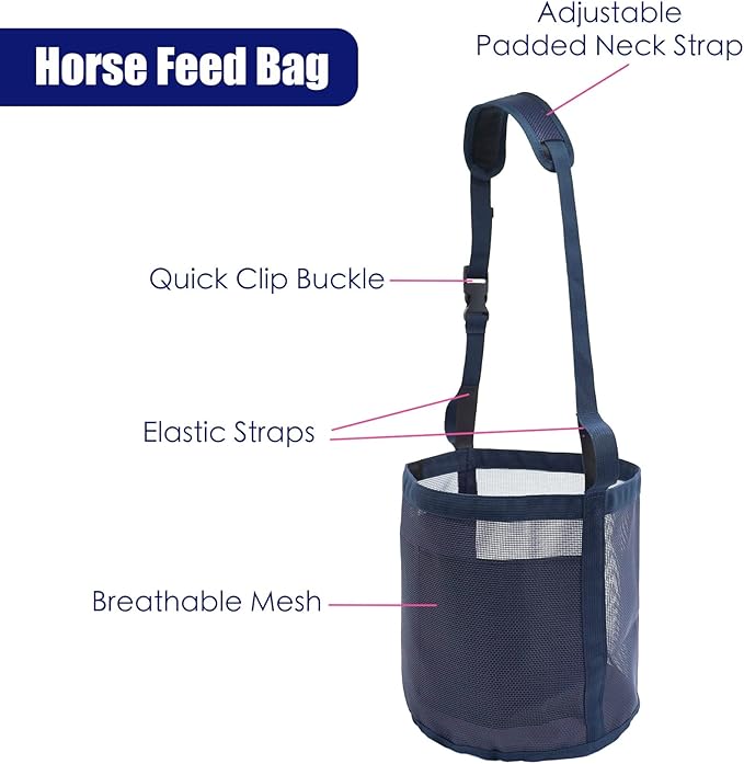 Horse Feed Bag for Grain - Heavy Duty Mesh Horse Feeder with Adjustable Strap,Comfort Neck Pad,Nose Pad Horse Muzzle (Medium,1Blue+1Pink)