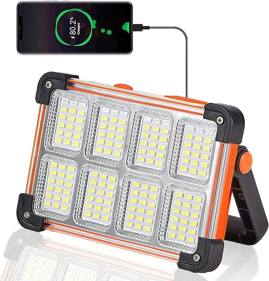 120W ソーラー充電式作業灯、144 LED 10000LM ポータブル投光器、スタンド付き、IP66防水、4モード、LED作業灯、整備士、キャンプ、釣り、車の修理用（オレンジ 1個）