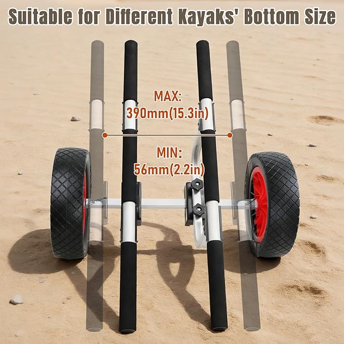 Heavy Duty Aluminum Kayak Cart, Adjustable Width Dolly with 470lb Weight Capacity and 12'' Solid Tires，Detachable Canoe Trolley Cart for Kayaks Canoes Paddleboards Float Mats Jon Boats