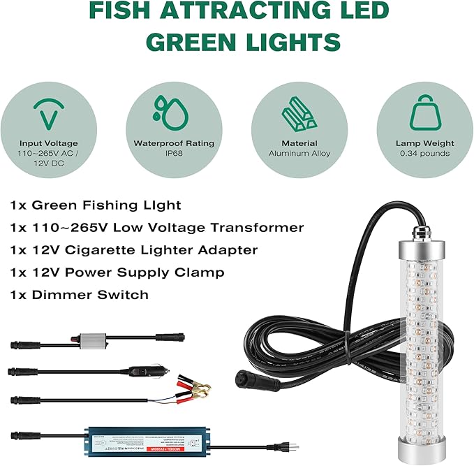 Underwater Fishing Light 12V / 110V Fish Attracting Light for Boat Docks Kayaks at Night, Submersible Green Light for Crappie Snook Squid Bait Catfish (16.4ft / 33ft Cable)