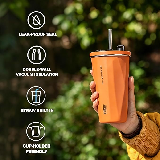 TYESO Stainless Steel Tumbler with straw inside Stainless steel wide-mouth vacuum insulation home office outdoor multi-color thermal and cold insulation cover with 20oz (Orange, 20 oz)