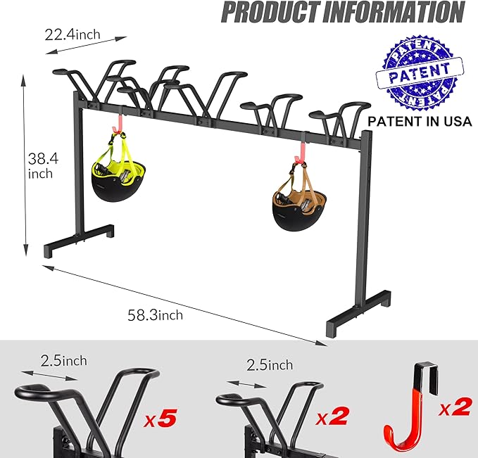 Sttoraboks 5 Bikes Floor Stand, Adjustable Bicycle Parking Rack with Hook for Garage, Indoor, Outdoor, Free Combination Bike Storage Cycle Rack for Mountain, Road and Kids Bikes, Max Tire Width 2.5”