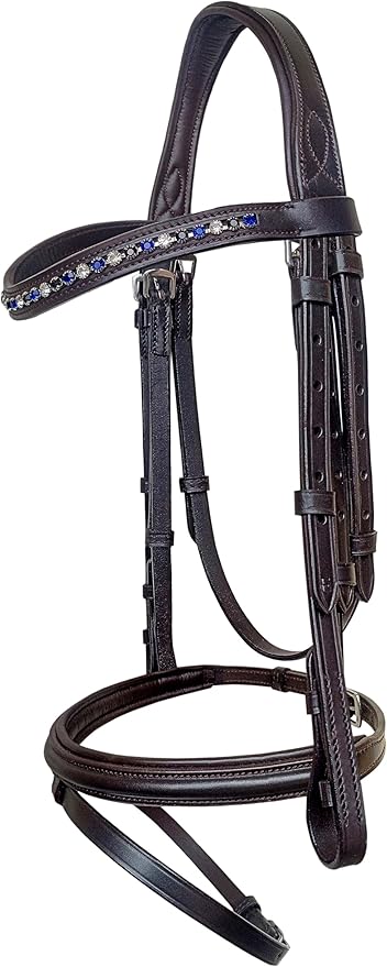 Equine Care Leather English Horse Bridle with Reins, Full Size, Choice of Browband Style, Padded Crown & Cavesson Noseband, Stainless Steel Hardware, Hunter Show Bridle.