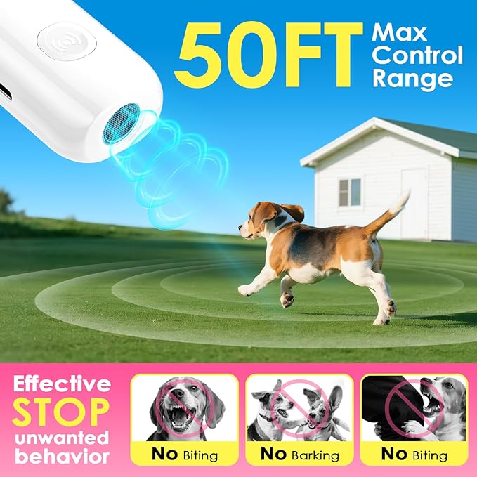 Mini ultrasonic dog bark deterrent device, effectively stops unwanted barking with 50ft,pain free training & behavior aid for indoor/outdoor use,rechargeable portable dog barking stopper（white）