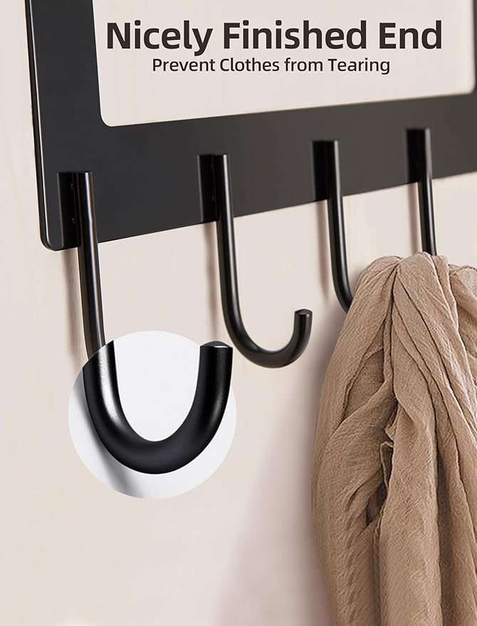 Over The Door Hooks Coat Rack,Over The Door Towel Hanger Drying Rack,Heavy Duty Aluminum Over The Door Towel Rack Hooks for Hanging Coat, Bag, Robe - 5 Hooks Black Color 2 Pack