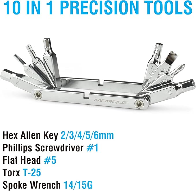 MARQUE 10 in 1 Bike Multitool - Mini 10 Bicycle Multi Tool Repair Kit for Road and Mountain Bikes. Pocket size with slim and portable profile for easy storage during road cycling and MTB-cyclist gift