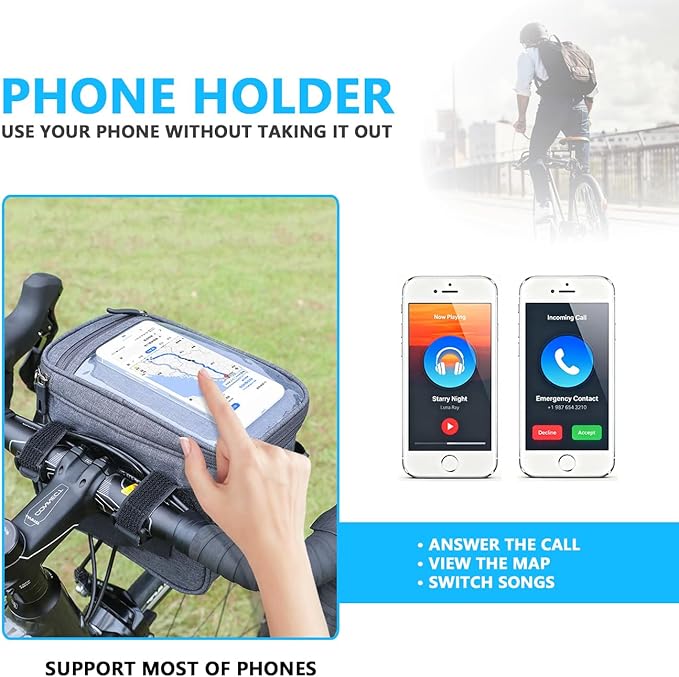Bike Handlebar Bag with Rain Cover, Shoulder Strap, Bike Basket Front with Phone Holder 6.8", Road Mountain Bicycle Pouch for Kids Men Women