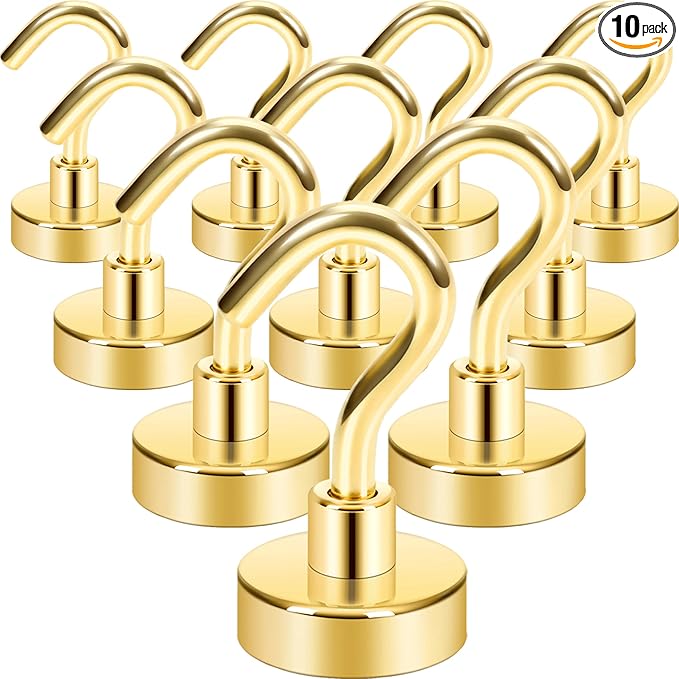 Neosmuk Magnetic Hooks, Heavy Duty 40lb+ Strong Magnet Hook for Cruise Cabins, Cruise Ship Essentials for Hanging, Metal Wall Refrigerator Hangers (Gold, 10 Pack)