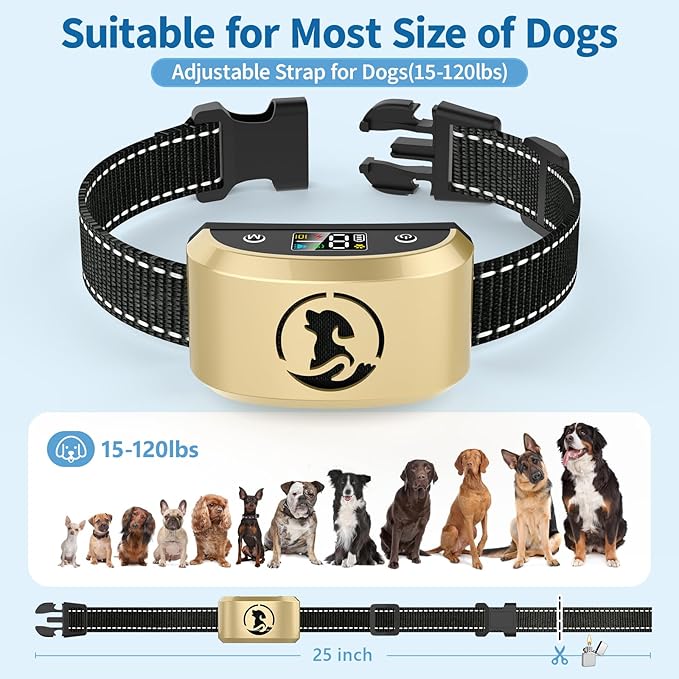 Anti Barking Collar Device for Large Medium Small Dogs, Adjustable Training Modes Dog Bark Collar with 8 Sensitivity, Automatic Stop Bark Collars for Dogs 15-120lbs, Outdoor Indoor Use, Gold