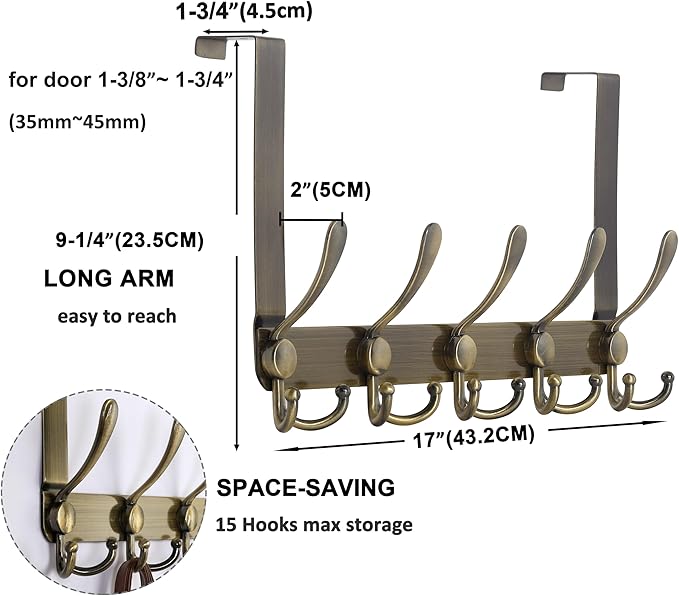 Dseap Over The Door Hook Hanger - Fits 1 3/8" to 1 3/4" Standard Doors | 5 Tri Hooks Heavy Duty Towel/Coat Rack | Door Organizer for Clothes, Jackets, Hats, Towels, Bronze