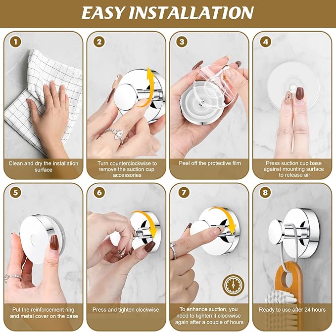 BKV Suction Cup Hooks for Glass Window,Removable Shower Hooks for Inside Shower,Metal Towel Hooks for Bathrooms,6 Pack(Mirror)