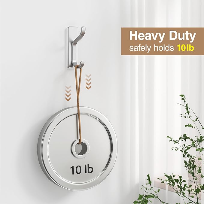 pickpiff Adhesive Wall Coat Hooks - Heavy Duty Stick-On Door Hanger, Metal Hook for Hanging Towel,Purse, Robe, Backpack, Jacket, Clothes - for Bathroom,Dorm, Closet, Kitchen - Silver, 10 Pack