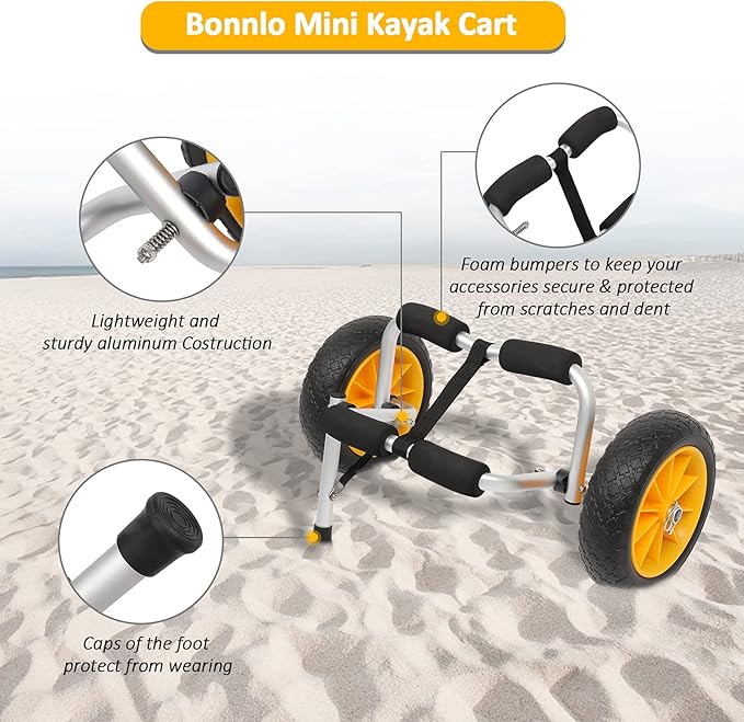Bonnlo Kayak Car Foldable Aluminum Kayak Trailer with 10'' Solid Tires, Universal Kayaks Wheel Cart Dolly for Canoe, Paddle Board, Boat, Float Mats, Jon Boat