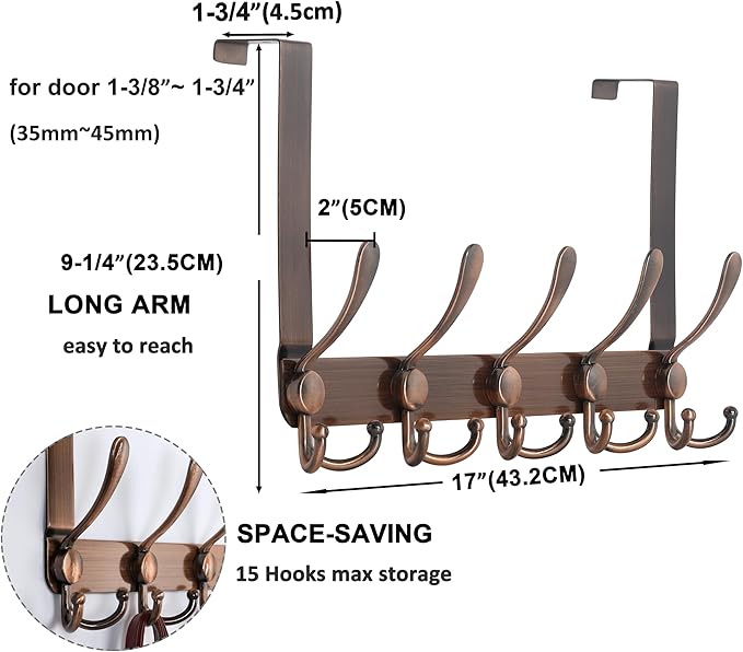 Dseap Over The Door Hook Hanger - Fits 1 3/8" to 1 3/4" Standard Doors | 5 Tri Hooks Heavy Duty Towel/Coat Rack | Door Organizer for Clothes, Jackets, Hats, Towels, Antique Copper
