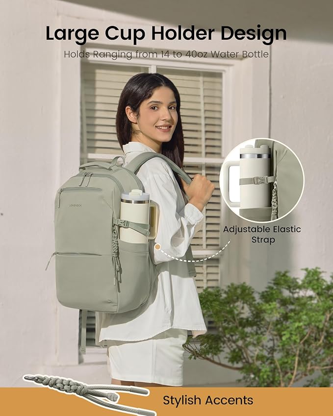 LOVEVOOK Laptop Backpack for Women Men with Giant Tumbler Holder - 15.6Inch Work Computer Travel Backpack with Laptop Compartment, Water Resistant, Cute Commuter College Teacher Nurse Purse Bag, Green