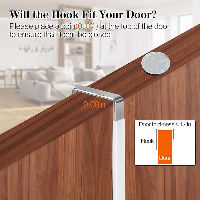 4 Pack Over The Door Hooks, Fits Doors Less Than 1.4in Thick, White Rubber Surface Prevent Scratch Door Hanger Hooks for Bathroom, Living Room, Kitchen, Hanging Clothes, Towels, Bags