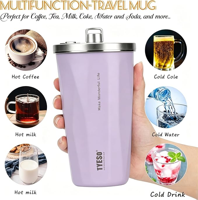 TYESO Stainless Steel Tumbler with straw inside Stainless steel wide-mouth vacuum insulation home office outdoor multi-color thermal insulation and cold insulation cover with 20oz (Purple, 20 oz)