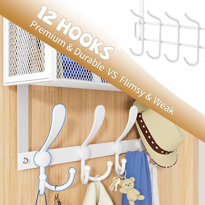Over The Door Hooks Organizer, Coat Rack Over The Door Storage Hanger Towel Rack, Back of Door Storage Organizer for Bathroom,Bedroom,Kitchen,Office (White, 3-Tier)