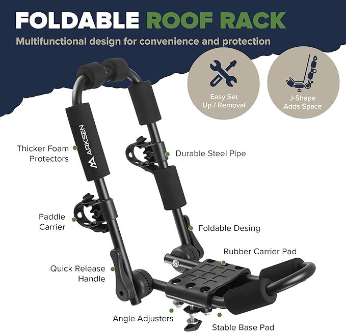ARKSEN 2 Pair Universal Folding Kayak Roof Rack Heavy Duty Adjustable J-Bar Kayak and Canoe Carrier with 4 Lashing Straps, 4 Stern Tie Down Straps for Cars, SUVs, and Trucks