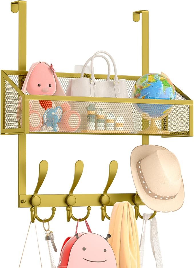 Over The Door Hooks Organizer, Coat Rack Over The Door Storage Hanger Towel Rack, Back of Door Storage Organizer for Bathroom,Bedroom,Kitchen,Office (Gold, 2-Tier)