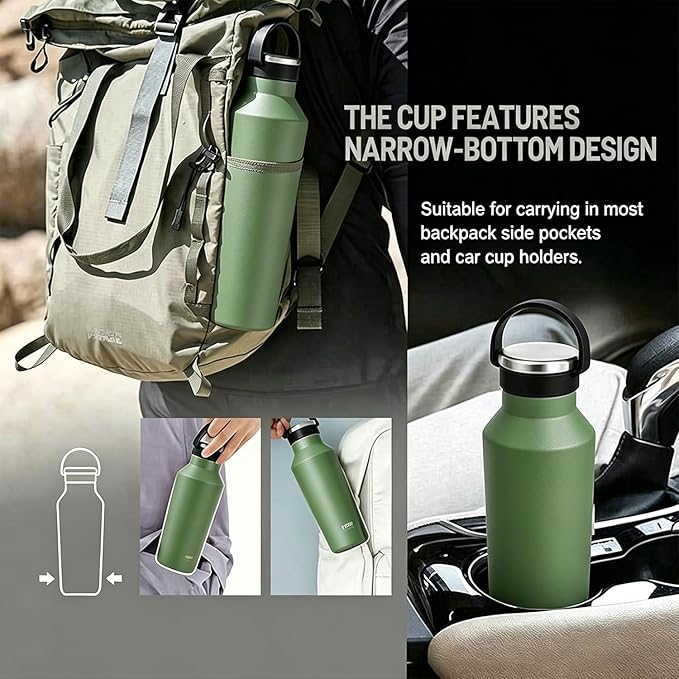 TYESO Stainless Steel Vacuum Insulated Water Bottle, Insulated Water Bottle with Soft Silicone Carry Handle (GREEN, 17 OZ)