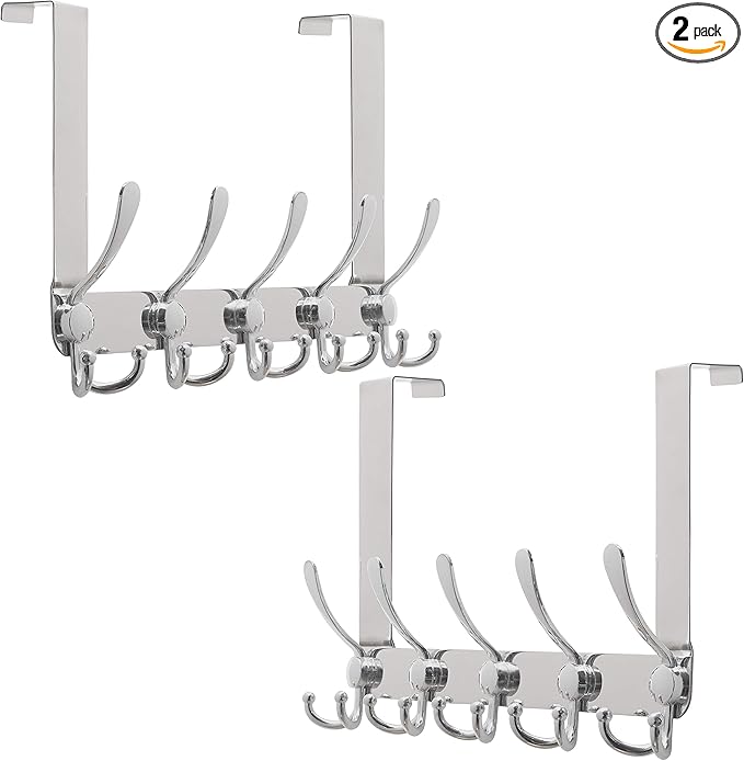SKOLOO Over The Door Hook - for Doors up to 1-3/4'' Thickness, Pack of 2, Metal Door Hanger with 5 Triple Hooks, Over The Door Hanger for Coats, Hats,Towels, Silver, Assembly Required