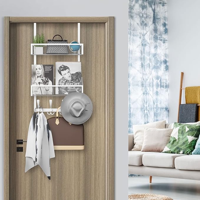 Over The Door Hooks Organizer, Coat Rack Over The Door Storage Hanger Towel Rack, Back of Door Storage Organizer for Bathroom,Bedroom,Kitchen,Office (White, 3-Tier)