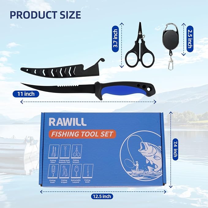 RAWILL Fishing Kit,Filleting Knife,Hook Remover,Fish Grip, Line Cutter,Fishing Scale, Pliers with Lanyards,Not Include Batteries